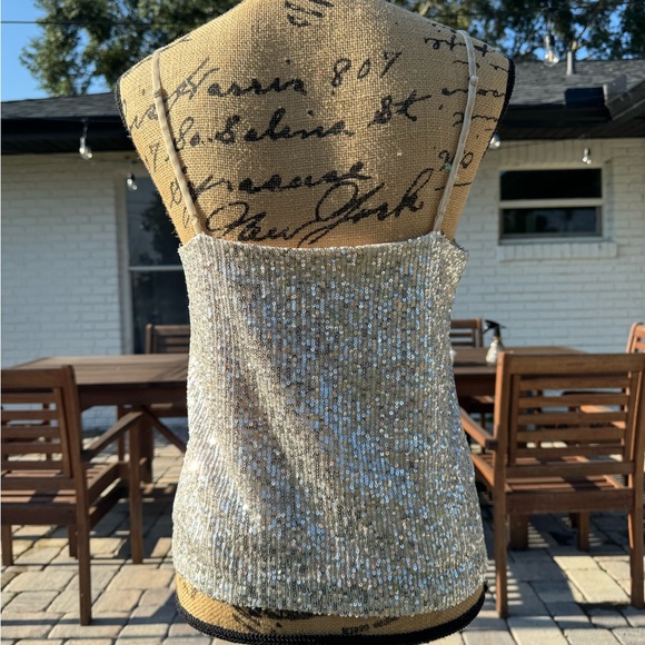 BB Dakota Silver Champagne Sequin Spaghetti Strap Top Size Medium - Picture 9 of 12